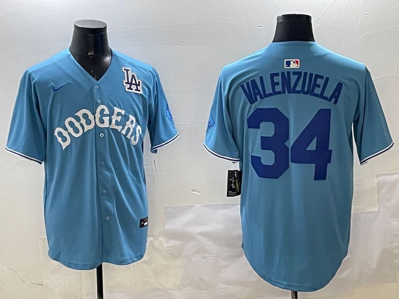 Men Los Angeles Dodgers #34 Valenzuela Light Blue Joint Name 2025 Nike MLB Jersey style 31617